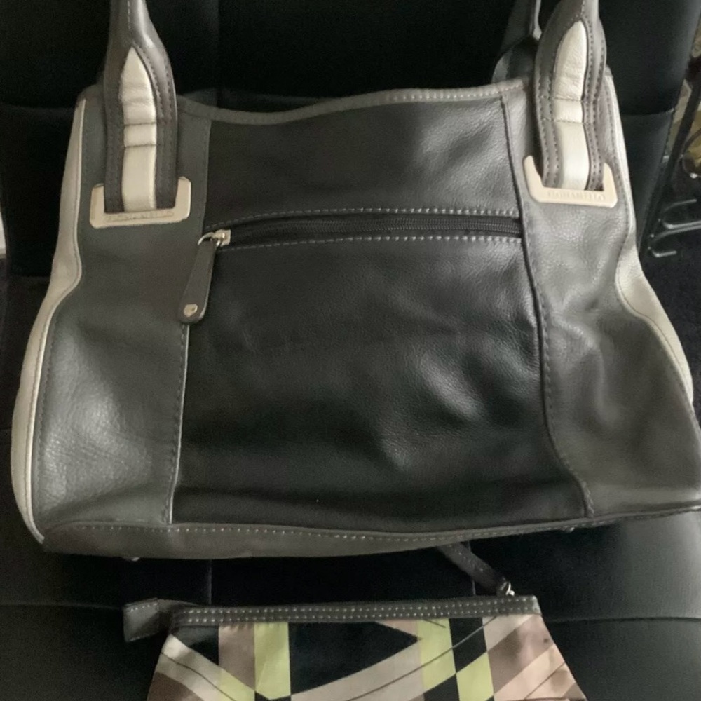 Tignanello Black Silver Gray Leather Handbag - Picture 3 of 10